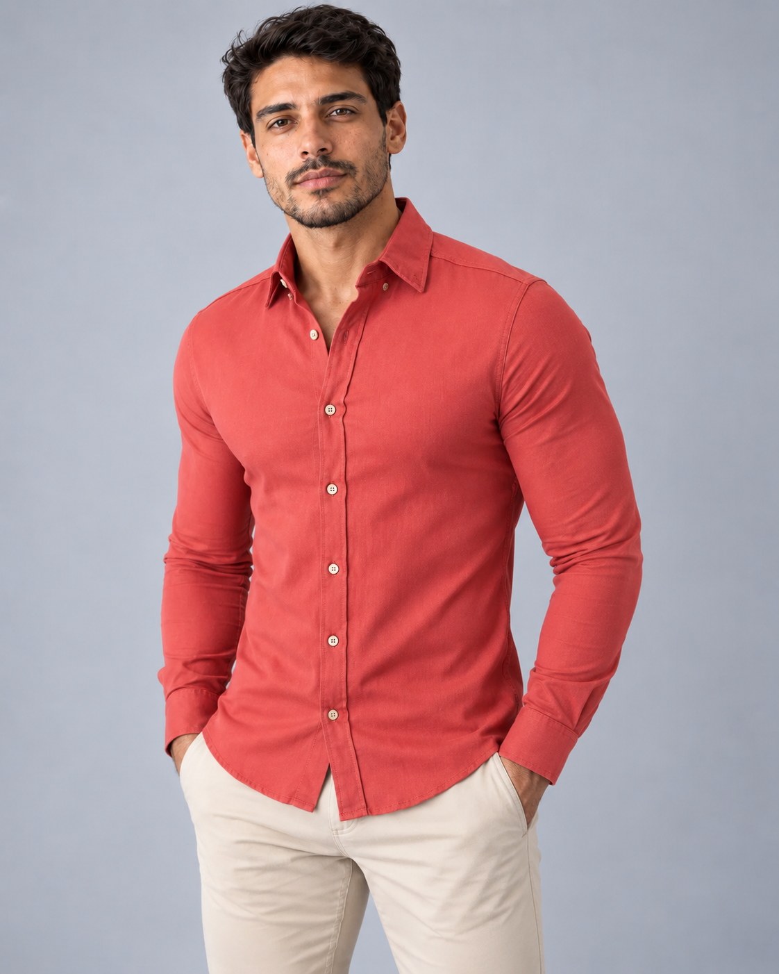 Camisa Linho Lisboa Manga Longa - Carmim