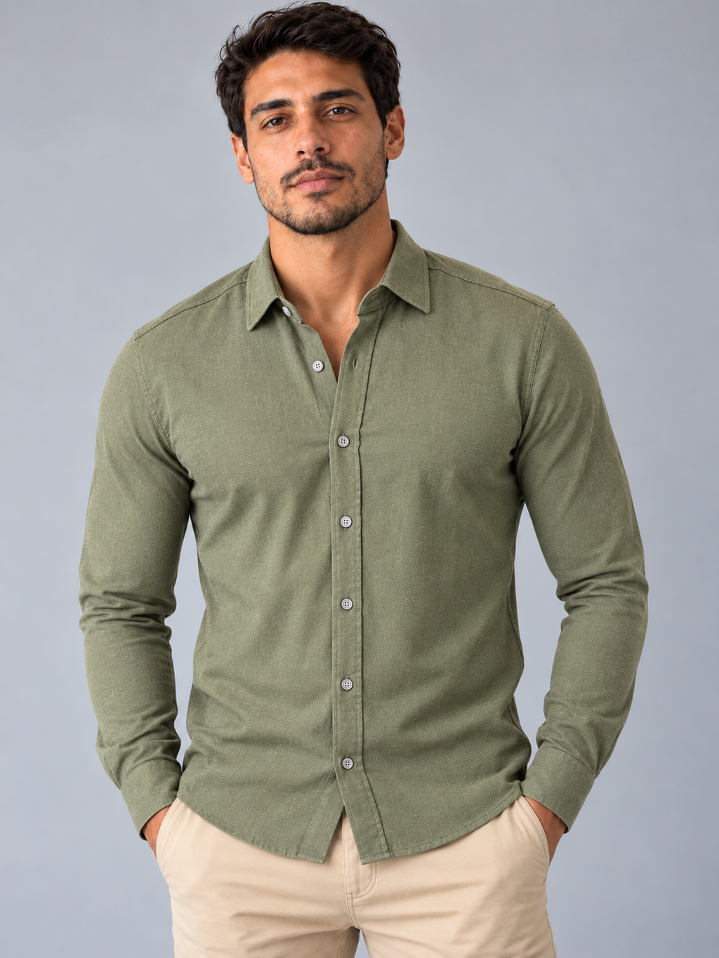 Camisa Linho Lisboa Manga Longa - Verde Militar