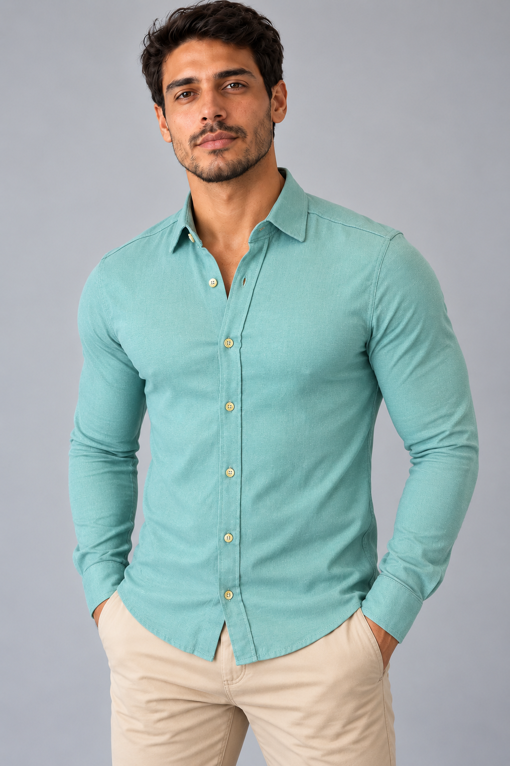 Camisa Linho Lisboa Manga Longa - Verde Água